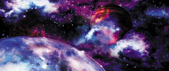 Wall Mural - fictional cosmos banner/ illustration color cosmos banner with an earth like planet, stars, fiction 