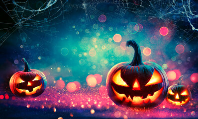 Wall Mural - halloween abstract party - smiling pumpkins on defocused shiny background