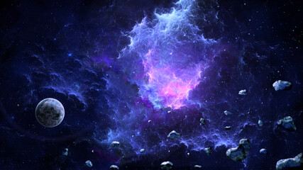 Wall Mural - Space background. Colorful fractal nebula with planet and asteroid. Elements furnished by NASA. 3D rendering