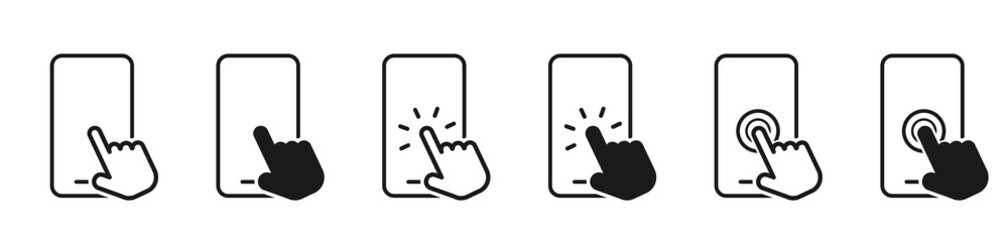Wall Mural - mobile phone. smartphone line icons. hand holding smartphone. hand white touch screen and click on t
