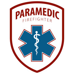 Wall Mural - Paramedic Firefighter text and Star of Life symbol in shield shape emblem icon isolated on white background