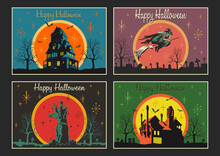 Happy Halloween Cards, Illustrations, Posters, Vintage Greeting Cards Stylization, Haunted Mansions, Flying Witch, Zombie's Hand, Cemetery Backgrounds