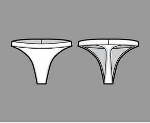 Thong underwear technical fashion illustration with elastic waistband, narrow strip. Flat tanga Underpants lingerie template front, back, white color. Women men unisex swimsuit CAD mockup 