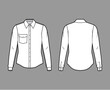 © Vectoressa - Classic shirt technical fashion illustration with long sleeve with cuff, front button-fastening, point collar, angled flap pocket. Flat template front back white color. Women men unisex top CAD mockup