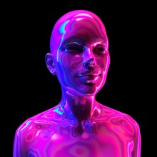 Holographic Human Bust, Robotic Head Made Of Glossy Iridescent Material. 3D Render Illustration, Concept Of Artificial Intelligence And Futuristic Technologies.