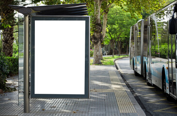 Blank advertising billboard mockup and template or light billboards with copy space for text or message and media content, Blank shadow billboards with display on city wall background with bus