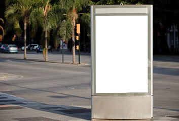 Mockup blank advertising signs and template or light posters with space to copy text or media message and content, blank shadow posters with screen on city wall background