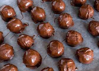 Freshly dipped homemade peanut butter chocolate balls on parchment paper on a cookie sheet.