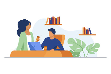 Wall Mural - Colleagues drinking coffee in office. Employees holding paper cups, using laptop flat vector illustration. Workplace, coffee break, communication concept for banner, website design or landing web page