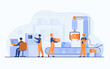 © SurfupVector - Factory workers and robotic arm removing packages from conveyor line. Engineer using computer and operating process. Vector illustration for business, production, machine technology concepts