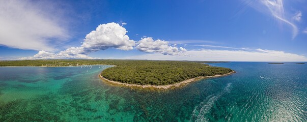 Panoramic drone picture of typical Croatian shore landscape taken near Rovinj