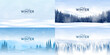© VVadi4ka - Vector illustration. Flat winter landscape. Simple snowy backgrounds. Snowdrifts.  Snowfall. Clear blue sky. Blizzard. Snowy weather. Winter season. Panoramic wallpapers. Set of backgrounds.