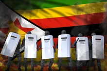 Zimbabwe Police Special Forces Protecting Order Against Revolt - Protest Fighting Concept, Military 3D Illustration On Flag Background