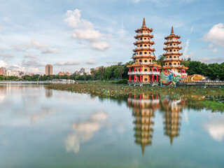 Dragon and Tiger Pagodas water reflection in Kaohsiung, Taiwan