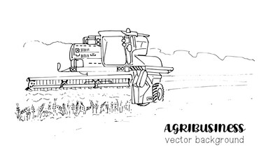 Agribusiness, combine harvester in the wheat field. Black and white illustration for agricultural business, isolated on a white background.