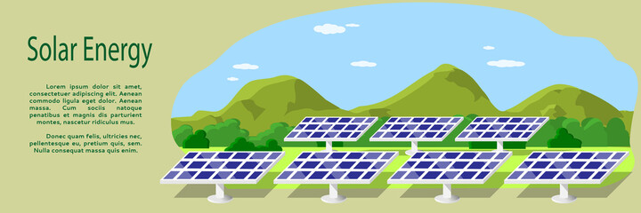 Banner with the image of solar panels on the background of mountains and greenery in the distance. The concept of renewable, alternative ecological green solar energy. Flat style. Vector illustration