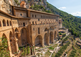 Wall Mural - 
Subiaco, Italy - main sight of Subiaco and one of the most beautiful Benedictine monasteries in the World, the Sacro Speco Monastery displays amazing frescoes. Here in particular its exteriors