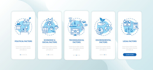 Wall Mural - PESTEL analysis onboarding mobile app page screen with concepts. Different communicational troubles walkthrough 5 steps graphic instructions. UI vector template with RGB color illustrations