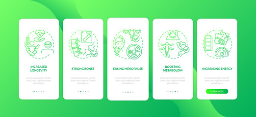 Vegetarianism pros onboarding mobile app page screen with concepts. Eco ingredients lifestyle advices walkthrough 5 steps graphic instructions. UI vector template with RGB color illustrations