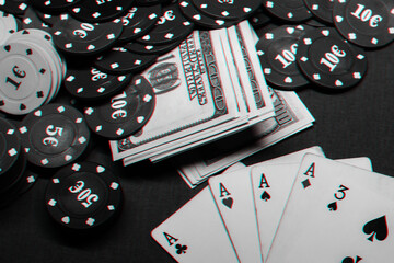 winning combination of cards in poker on the background of money and game chips