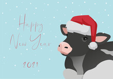 Happy New Year Greeting Card - 2021, Year Of The Cow, Symbol Of The Year 2021, Cow In Santa's Hat.