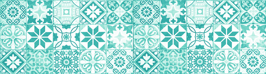 Aufkleber - Colorful abstract turquoise aquamarine white vintage retro geometric square mosaic motif tiles texture wide background banner panorama