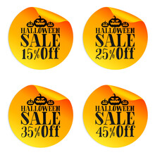 Halloween Orange Sale Stickers Set With Pumpkins 15%, 25%, 35%, 45% Off. Vector Illustration