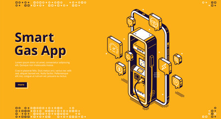 Wall Mural - smart gas app banner. digital service for control of fuel in car. vector landing page of mobile phon
