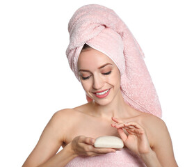 Poster - Beautiful young woman with soap bar on white background