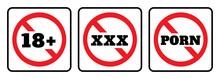 No Social Sex Sign Collection On White Background. 18 Plus Sign, No Porn Sign.