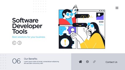 Wall Mural - landing page template of developing computer software, coding and programming . modern flat design c