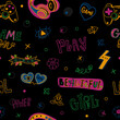 © SportArtGame - Girlish seamless pattern with a joystick, headphones, heart and lettering on black background. Print design for clothes. Typography design. Bright retro background.