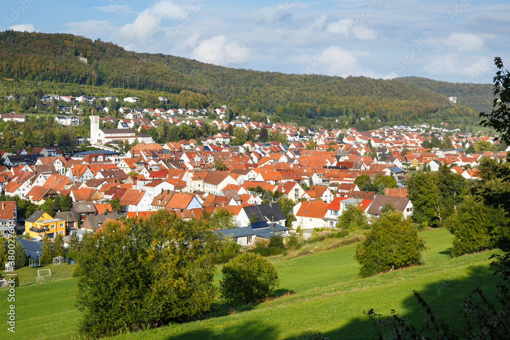 Panorama der Stadt Burladingen auf der Schwäbischen Alb - obrazy, fototapety, plakaty 
