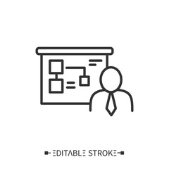 Workshop presentation line icon. The speaker presented a workshop. Lecturer near board with presentation. Motivational, educational, training or course. Isolated vector illustration. Editable stroke 