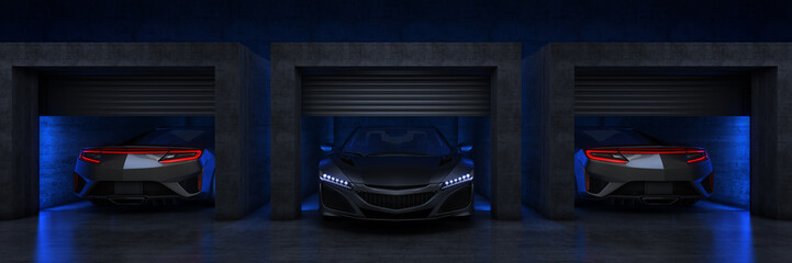 Wall Mural - Sports car in garage with open roller door.. 3d Rendering	