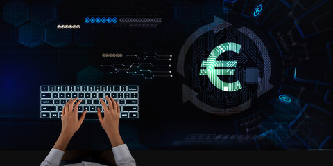 Canvas Print - Business woman works on touch screen about Euro sign