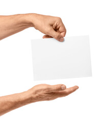 Male hands with blank paper on white background