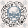 Illustration with a sinister human skull and magic symbols. Hand-drawn vector banner with Sun, Moon and cryptic signs written in a circle in retro style