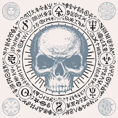 Poster - Illustration with a sinister human skull and magic symbols. Hand-drawn vector banner with Sun, Moon and cryptic signs written in a circle in retro style