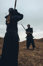 Japanese Kendo Fighters On Wastelands.