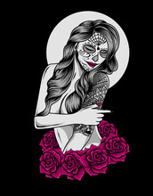 Illustration Vector Sugar Skull Woman With Tattoo In Hand And Rose Flower.