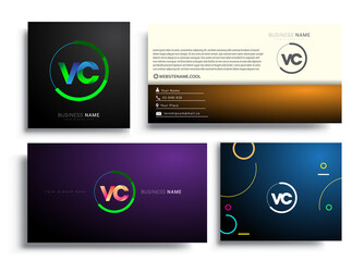 Letter VC logotype with colorful circle, letter combination logo design with ring, sets of business card for company identity, creative industry, web, isolated on white background.