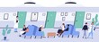 © Good Studio - Patients sit on couch at waiting area of medical center vector flat illustration. People of different ages visited hospital to doctor appointment. Hall of clinic with personnel and visitors