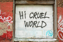 Graffiti On An Abandoned That Says Hi Cruel World
