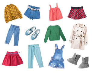 Wall Mural - Child's colorful clothes set isolated on white.Kid's fashion apparel collection.