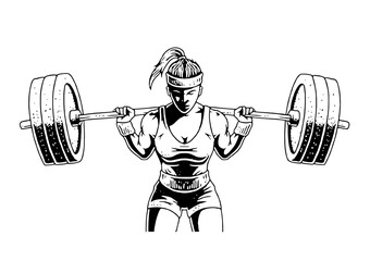 fitness girl with heavy barbell, vector, logo, mascot, cartoon, monochrome