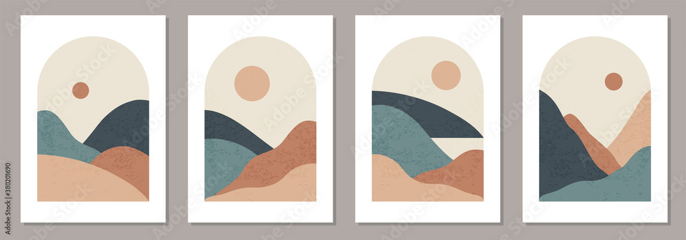 Set of trendy minimalist landscape abstract contemporary collage design - obrazy, fototapety, plakaty 