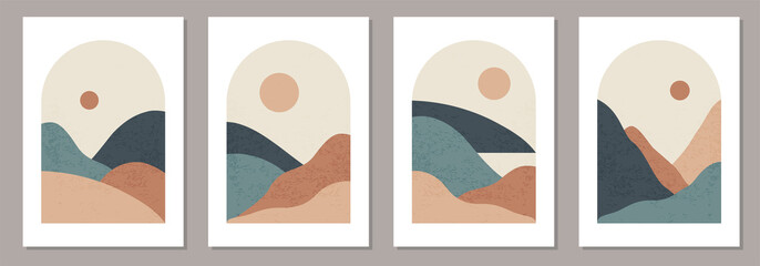 Set of trendy minimalist landscape abstract contemporary collage design