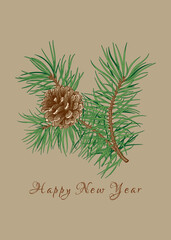 Wall Mural - Botanical card with pine branch. Vector illustration. Beige background and colorful pattern.