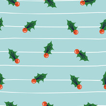 Pattern With Red Berries And Green Leaf On Blue Background Christmas Theme. New Year Vector Design For Printing.